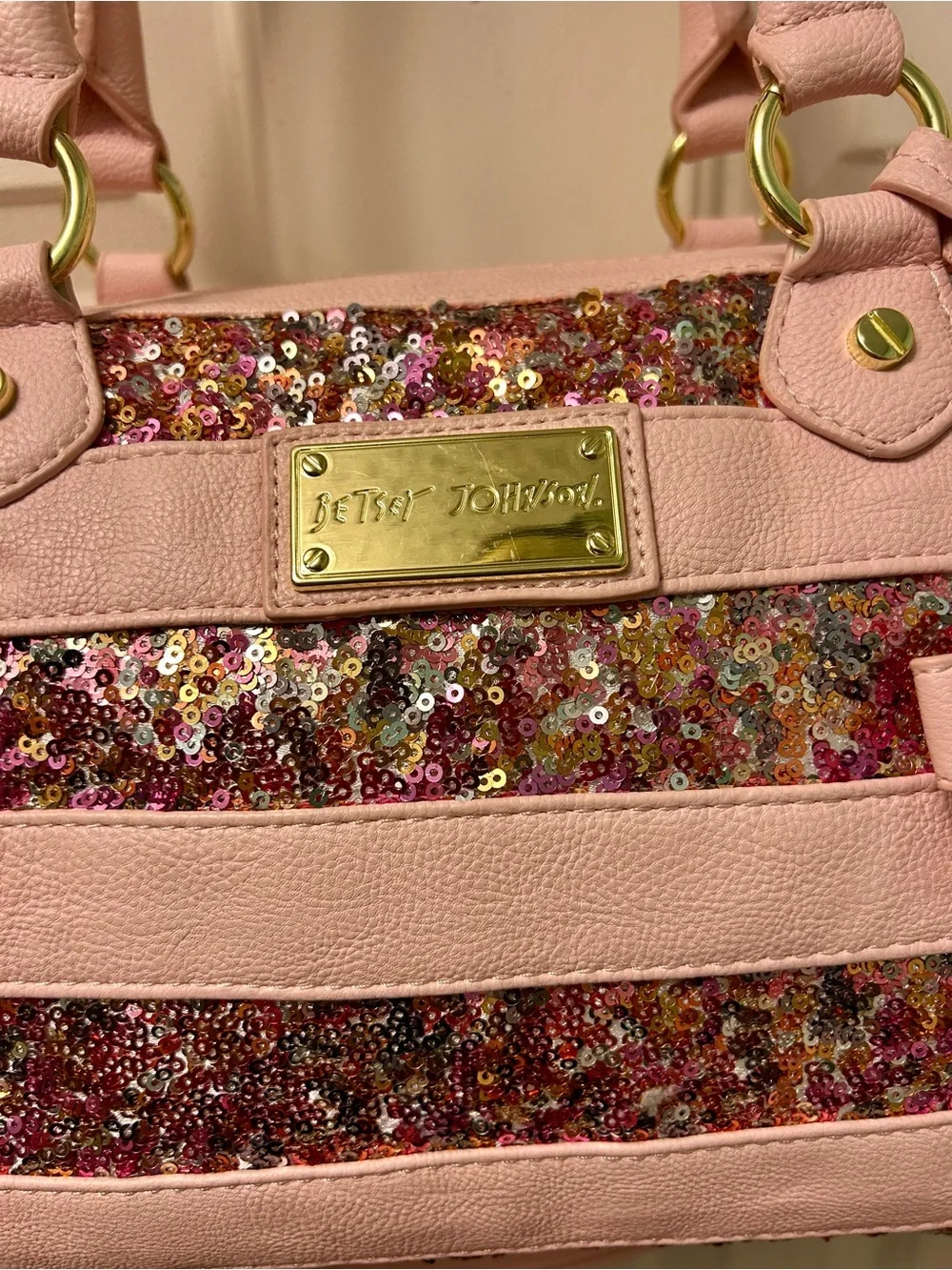 RARE! 2011 Betsey Johnson Blush Pink Sequin Stripe Satchel with Matching Wallet